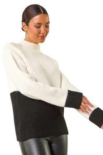 Roman Colour Block Funnel Neck Knit Jumper for Women UK - Ladies Autumn Everyday Winter Holiday Long Sleeve Soft Warm Feel Comfy Two Tone Top Office Desk Sweaters - Ivory - Size 14