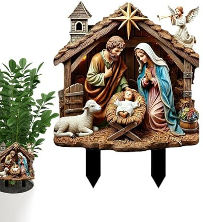 Krippen im Freien,Gartenstecker zur Geburt Jesu,2D Jesus Acryl-Krippendekoration - Einzigartiger Gartenstatuenpfahl, Terrassenlandschaft, Nutztier-Garteneinsätze, Heilige Krippen-Gartenschild für den