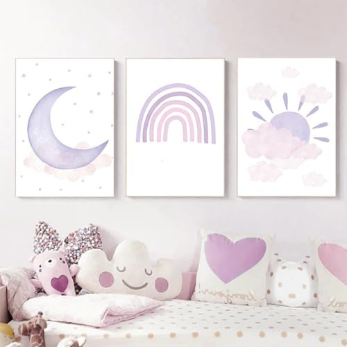 champracer 3er Set Poster Kinderzimmer Deko Bilder Bilder Kinderzimmer Regenbogen Sonne Mond Wandbilder für Jungen Mädchen Wohnzimmer Schlafzimmer Wanddeko Ohne Rahmen (30 * 40cm,lila)