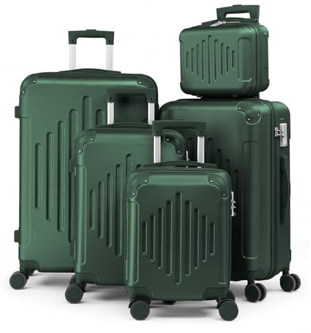 LEADZM Kofferset 5 teilig, Reisekoffer Set mit Kosmetikkoffer & verstärkten Ecken, Koffer Set Hartschalen-Trolley aus ABS mit Teleskopgriff, Handgepäck (Dunkelgrün)