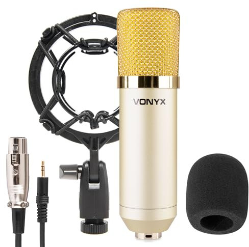 VONYX CM400C Studio Mikrofon - Gaming Mikrofon PC, Streaming Microphone, Mikrofon mit Stoßdämpfer Halterung, XLR auf 3,5mm Klinke und Popschutz, Kondensator PC Mikrofon, Podcast Mikrofon - Gold
