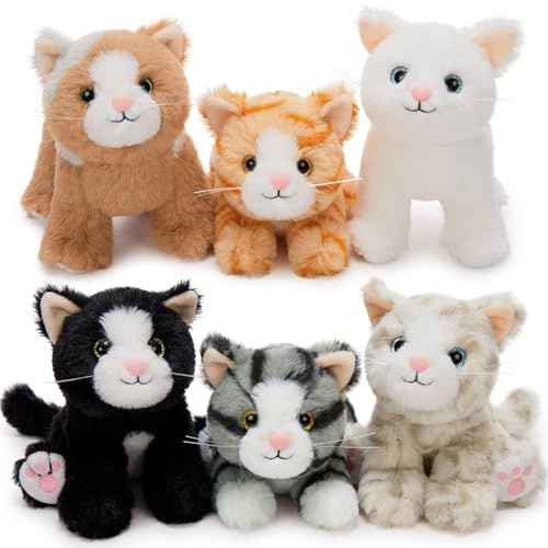 MorisMos 6Pcs Peluche Chat Set, Kawaii Chatons Jouet en Peluche, Réaliste Doux Cadeaux pour Enfants Anniversaire Noël Décorations