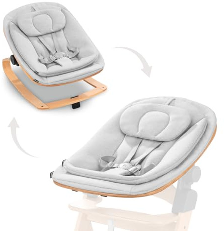 hauck Holz Babywippe & Hochstuhlaufsatz, Highchair Bouncer Eco Light Grey | Ergonomischer 3in1 Neugeborenenaufsatz für Alpha+ & Beta+ hauck Hochstuhl ab Geburt bis 15 kg, 5-Punkt-Gurt, Baumwollbezug