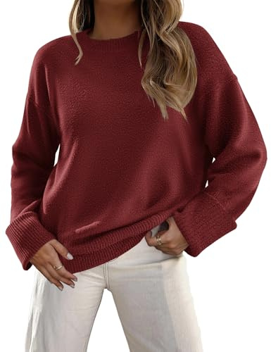 Zeagoo Oversized Jumper Womens Round Neck Long Sleeve Sweaters Chunky Knitted Winter Sweaters Fuzzy Autumn Tops Burgundy XXL