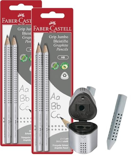 Faber-Castell 111992 - Bleistift Jumbo Grip HB (2 Bleistifte Jumbo + Radierer + Spitzer) (mit Spitzer + Radierer, Silber, 4 Stifte)