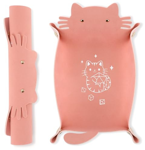 Rhdekoein Würfeltablett mit Katzenmotiv, Faltbarer Würfelhalter aus Leder, tragbarer Würfelaufbewahrungs-Organizer, lustiges Geschenk für DND-RPG-Spieler (Rosa)