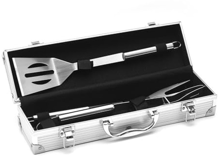 4Er Grillwerkzeug Set, Grillbesteck Aus Edelstahl BBQ Zubehör Im Aluminium Aufbewahrungskoffer Kompletter Grillkoffer Mit Grillschaufel Grillclip Fleischgabel Zum Kochen Camping,Silber
