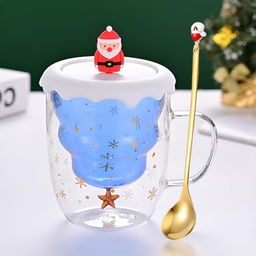Syfunlv Grinch Tasse de Noël, tasse en verre à double paroi avec couvercle et cuillère, motif sapin de Noël, tasse à café, tasse à expresso, verre à thé, tasse à lait style 10