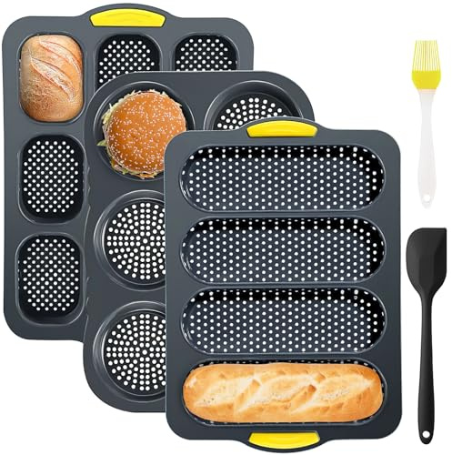 Set of 5 Silicone Bread Roll Mould, 4 6 9 Grid NonStick Hamburger Bun Mold | French Bread Baking Tray Set, with Spatula Brush, for Baking Homemade Bread Loaf Sandwich, Oven Dishwasher Microwave Safe