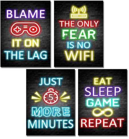 4 Stück Gaming Zimmer Deko, Leinwand Wandbilder Wohnzimmer, Coole Gaming Poster für Gamer Jugendzimmer, Zimmer Deko Jungs für Spielzimmer, Schlafzimmer Deko, Wohnzimmer Ohne Rahmen, Neon Wandbild