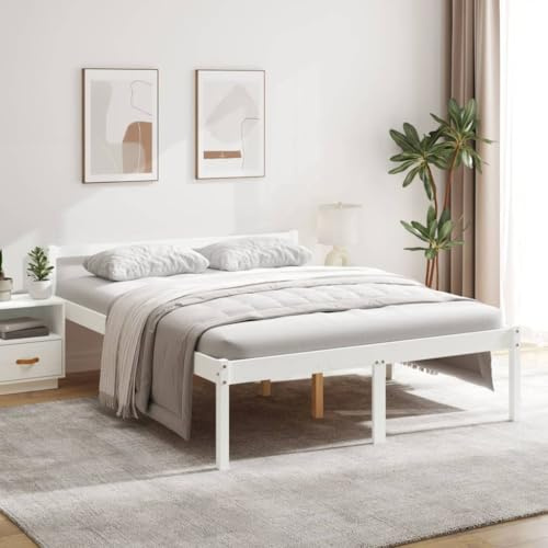 QJBSAVVA Seniorenbett Weiß 150x200 cm aus Massivholz Kiefer mit hoher Sitzhöhe 45 cm, stabiles Holzbett mit Stauraum unter dem Bettgestell, Modernes Design für Schlafzimmer