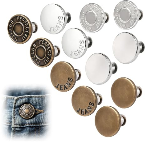 12 Stück Hosenknopf Set, Knöpfe Ohne Nähen, Metall Jeansknöpfe, 17mm Druckknöpfe zum Schrauben, Jeans Knopf Ersatz, Hosenknopf zum Enger Machen, Knopfabdeckungen rund, für Jeans Kleidung, Ohne Nähen