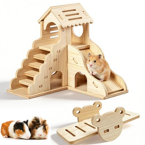 Casa per criceti in legno, a più camere, con scala e dondolo, casetta multicamera per criceti, roditori, porcellini d'India, accessori per criceti nani, criceti roditori, piccoli animali domestici