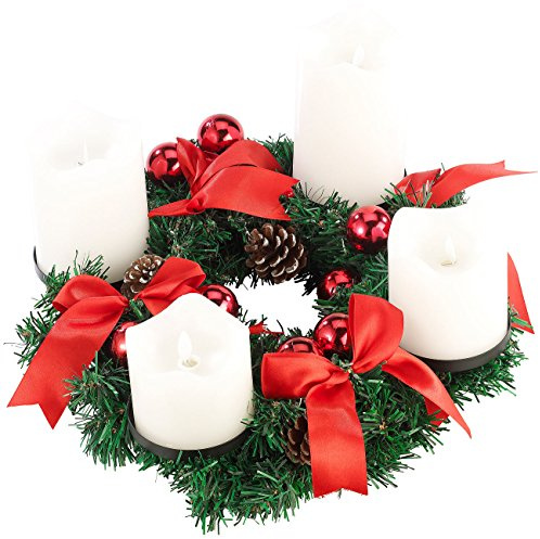 Britesta Gestecke LED-Kerze: Adventskranz, rot, 4 weiße LED-Kerzen mit bewegter Flamme (Adventskranz mit Leuchten, Tischdekorationen, Advent)