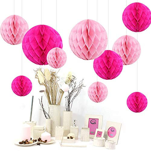 Himeland 10x Seiderpapier Wabenball Set pompom honeycomb deko für Party Hochzeit Geburtstag Rosa Pink