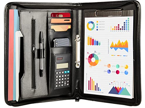 Zippered Conference Folder Business Padfolio by Tassia - A4 Portfolio Folder with Zipper - PU Leather 2-Ring Binder with Clipboard, Gusseted Storage Pocket, and Document Holder Case