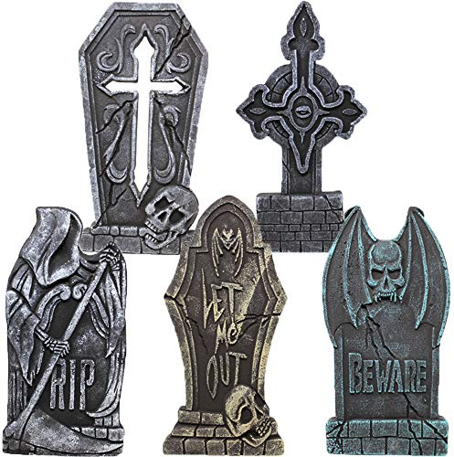 JOYIN 43cm Halloween Schaumstoff RIP Friedhof Grabsteine (5er Pack), Grabstein Dekorationen und 12 Metall Bodenspitze für Halloween Garten Dekoration