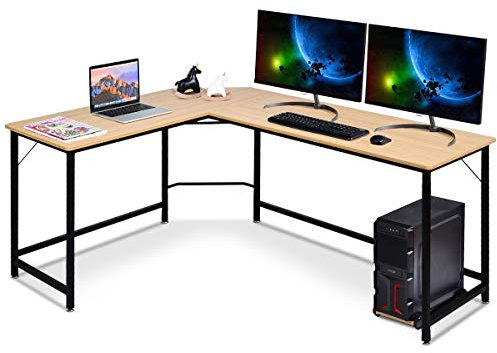 COSTWAY Escritorio de Esquina Gaming, Mesa Gaming de Ordenador en Forma de L, Mesa Escritorio con Soporte, Estación de Trabajo para Hogar Oficina, 168 x 125 x 74 cm (Natural y Negro)