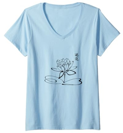 Femme Instructeur de Qigong / Étudiants Qigong / Lotus Calligraphie T-Shirt avec Col en V