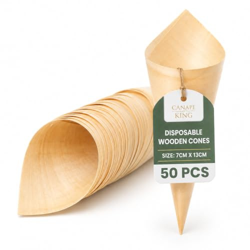 Disposable Wooden Serving Cones 50 Pcs |100% Biodegradable Ice Cream Snacks BBQ Holder (7cm Diameter x 13cm Depth) | Suitable for Christmas Weddings Parties Food Takeaway