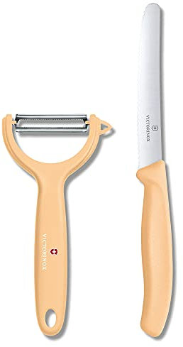 Victorinox, 6.7116.23L92, Swiss Classic, Gemüsemesser-Set mit Schäler, 2-teilig, Extra scharfe Klinge, mit Wellenschliff, 11, cm, robuster Kunststoff-Griff, Hellorange, Made in Switzerland, Spülmaschinengeeignet