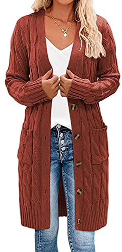 Earnmore Damkofta med långa ärmar, flätmönster, öppen framsida, knapp, ytterkläder, röd, XL