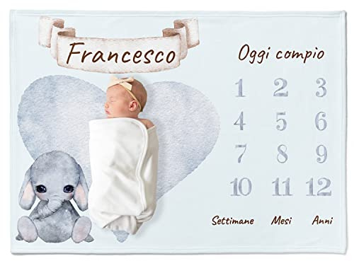 Coperta personalizzata per bambini con qualsiasi nome, animale desiderato e colore motivo, coperta per bambini, coperta per pietra miliare in italiano, regalo per neonati per ragazzi e ragazze