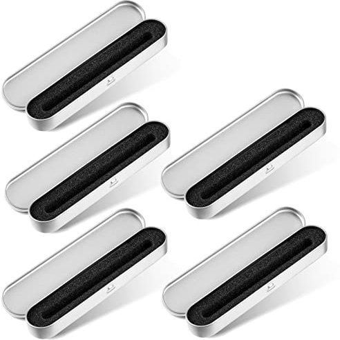Vokmon 5 Pack Metal Pen Case, Gift Box with Sponge, Pencil Tin, Pen Case, Stationery Storage Box for Business, Birthday, Gifts (Silver)