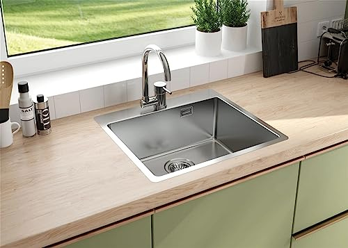Faizee Home | Edelstahlspüle 50 × 55 cm Silber – Moderne eckige Küchenspüle aus Edelstahl inkl. Siphon-Set | Hochwertige Einbauspüle für Unterschränke ab 45 cm