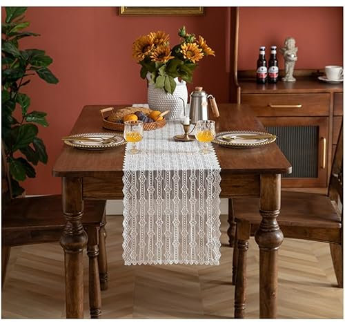 Weiß mit Spitze Tischdecke,Vintage Tischläufer,Rechteckige Häkelspitze Tischläufer für Hochzeit, Fest Dekor Tisch Dekor (Flache Ecke,30X250CM)