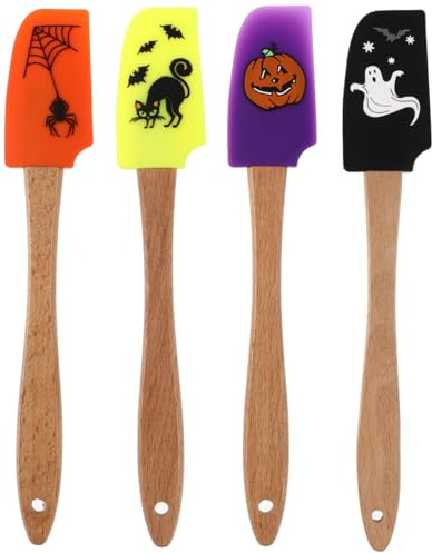 DOITOOL Set di 4 spatole in silicone per Halloween, antiaderenti, con manico in legno, raschietto in silicone, spatola per crema, prodotti da forno per la casa (fantasma, gatto nero, zucca+ragno)