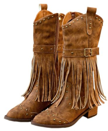 Onsoyours Damen Ritterstiefel Halbhohe Cowboy Stiefel Schneestiefel Wildlederstiefel Quastenstiefel Spitze Stiefel Gürtelschnalle Nieten Stiefeletten mit Blockabsatz