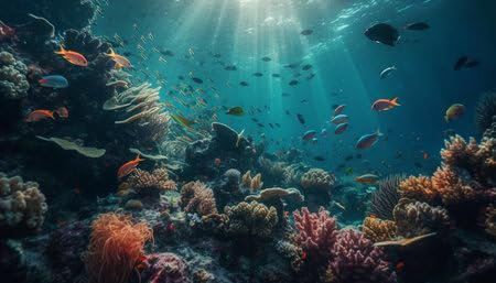 adrium Acryl-Bild 120 x 70 cm: Bunte Wasserfischschwärme schwimmen im wunderschönen Roten Meer, erzeugt durch künstliche Intelligenz (206081832)