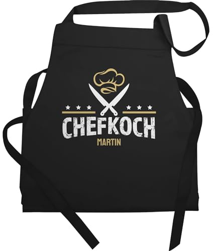Geschenk mit Namen personalisiert by Shirtracer - Schürze - Kochschürze Herren Männer - Chefkoch mit Namen - Geschenk für Koch Hobbykoch Weihnachten Geburtstag Vatertag