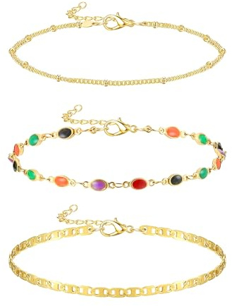 KRFY Tobilleras para Mujer Tobillera de Acero Inoxidable Chapada en Oro de 14 quilates Tenis Espiga Cadena de Eslabones Cubanos Juego de Tobilleras Joyería Ajustable para Pies de Playa Boho