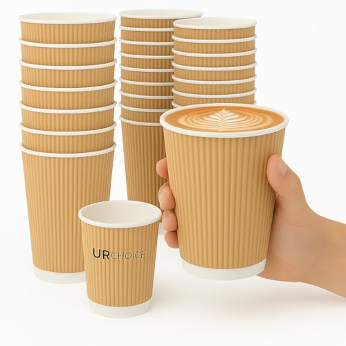 UR CHOICE, 100 x 8oz Brown Disposable Ripple Paper Cups, Triple Wall Leak Proof Coffee Cups, Insulated Paper Takeaway Cups for Hot & Cold Drinks