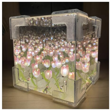 YiKAiLi Tulpen Nachtlicht, DIY Tulpenwürfel Spiegel Lampe, LED Blumen Tulpen Licht Schreibtischlampe mit Einstellbarer Helligkeit & USB-Aufladung für Tisch Schlafzimmer Heim Dekoration (Rosa)