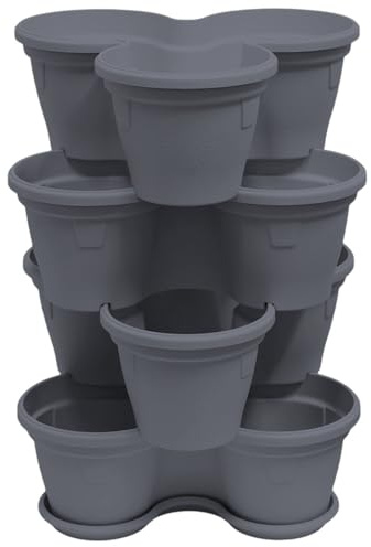 Engelland 4X Blumentopf, Säulentopf, Pflanzturm, Hochbeet, Pflanztopf-Kübel mit Untersetzer, stapelbar, widerstandsfähig, Kunststoff, für Außenbereich, 44 Liter, Farbe: Anthrazit