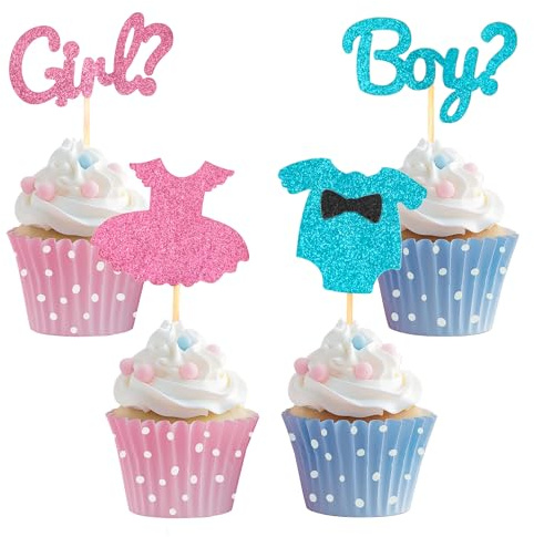 Newellsail 36 Stück Jungen oder Mädchen Cupcake Toppers Babyparty Tortendeko Baby Shower Kuchendeko Kinder Geschlecht Enthüllen Party Kuchendekorationen (Rosa und Blau)