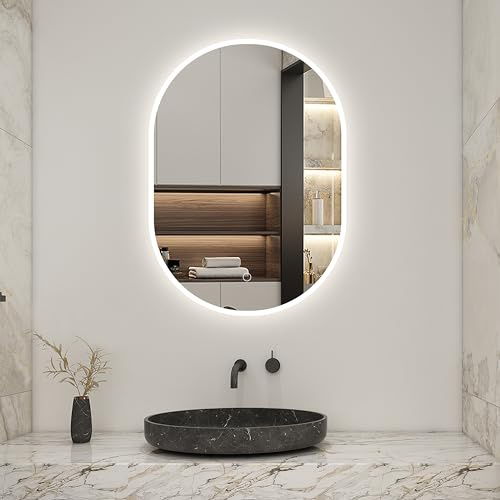 Biubiubath LED Badspiegel Oval 45x75cm mit Touch/Wandschalter Anti-Beschlag 3 Lichfarbe Dimmbar Badezimmerspiegel Rundbahn Wandspiegel Kalt/Neutral/Warmweiß IP44