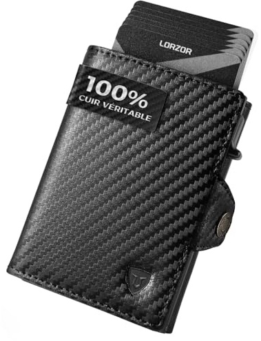 LORZOR® Slim Wallet mit Münzfach, Geldbörse Herren echtem Leder, RFID Blocker Portemonnaie, Portmonee Herren Kartenetui mit Münzfach, Geldbeutel für 10 Karten, Smart Wallet (Carbon schwarz)