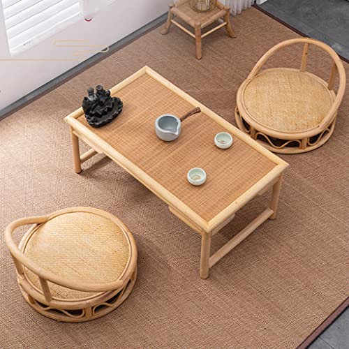 3-teiliges Couchtisch-Set, japanischer Boden-Teetisch mit 2 Stühlen, Bambus + Rattan Tatami Plattform niedriger Tisch für Wohnzimmer, Erkerfenster, Balkon (Farbe: Holz (3 Stück), Größe: 80