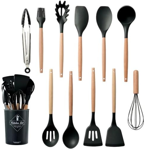 Juego de utensilios de cocina de silicona, 12 Uds., utensilios de cocina antiadherentes for cocina, espátula con mango de madera, batidores de huevos, accesorios de cocina Utensilios De Cocina(Black 1