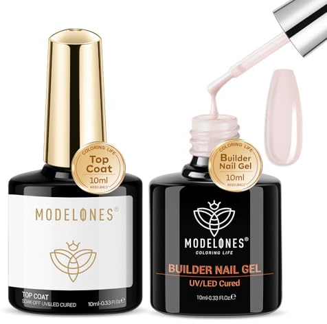 Modelones Builder Gel with Top Coat, 8-In-One Nude Pink Builder Nail Gel Acid Free Top Coat for Nail Thickening Apex Building Nail Extension Shine Finish and Long Lasting, LED Nail Lamp Cured 10ml