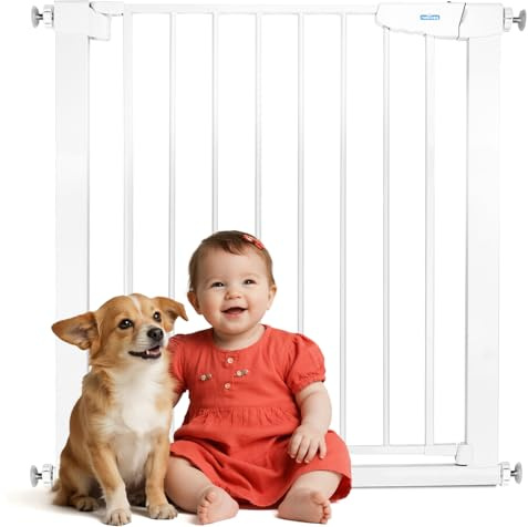 Nobleza Barrera Seguridad Niños Perros 76cm Alto | Cierre Automático Bidireccional, Sin Taladro | Ajustable 75-82cm para Escaleras y Puertas, Blanco