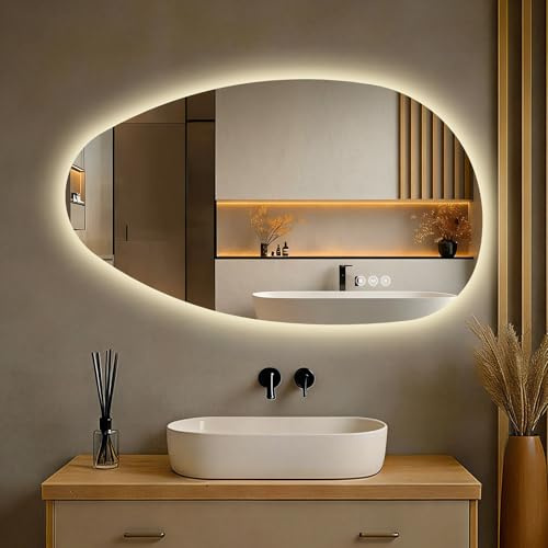 S'AFIELINA Badezimmerspiegel mit Beleuchtung 85 × 50 × 2,5 cm (H × B × T), Asymmetrischer badspiegel mit Beleuchtung, Anti-Beschlag, 3 einstellbare Lichtfarbe, Wandspiegel mit Touchschalter, IP44