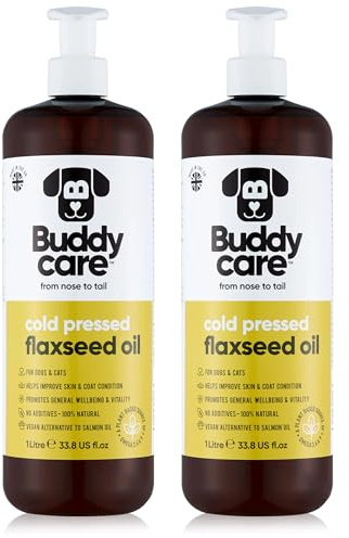Buddycare Olio di semi di lino, 1L, 2 pezzi, integratore naturale per cani e gatti, ricco di acidi grassi omega-3 per un pelo e una pelle sani