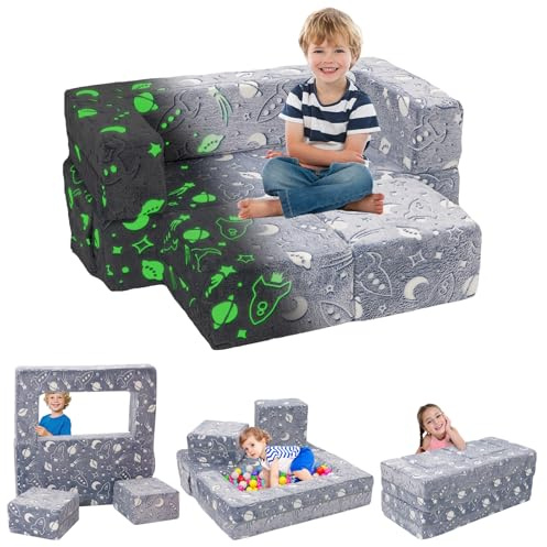YULEYU Kids Sofa Bed, Fold Out Kid Sofa Chair 37IN (L)*18IN (H), Toddler Convertible Sofa Lounger, Modular Pull Out Couch for Boys and Girls (Grey, Small) (Gray, Oversized)