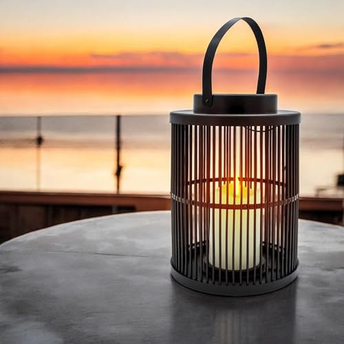 Farol solar redondo con efecto llama LED vela – 23 cm – rejilla diseño lámpara de jardín negro – Lámpara solar de jardín lámpara de ambiente para jardín, balcón terraza para colgar llama realista