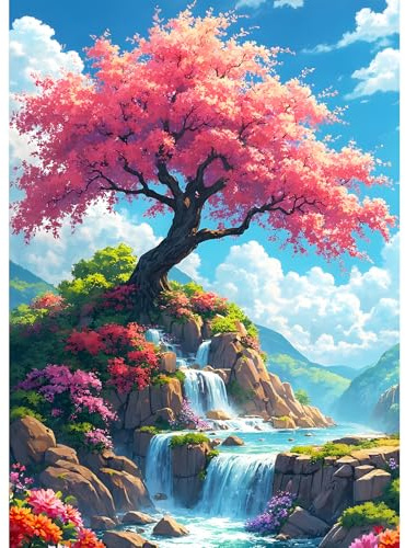 DPHERO DIY Baum des Lebens Diamant Painting Kits Bilder für Erwachsene Anfänger,5D Wasserfall Diamond Painting Set,DIY Runde Steine Diamant Kunst Kits, Blumen Diamant Art für Zuhause Dekor 30x40 cm